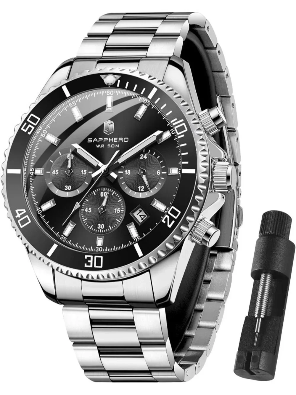 Men's Silver And Black Chronograph Stainless Steel Waterproof Quartz Wrist Watch